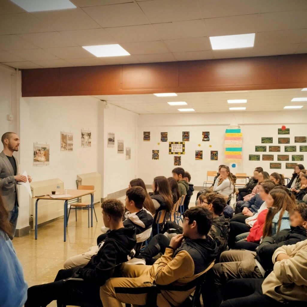 Conferencia educativa en un aula con un grupo de estudiantes atentos mientras Jose Campillo leydelainercia expone su tema frente a ellos