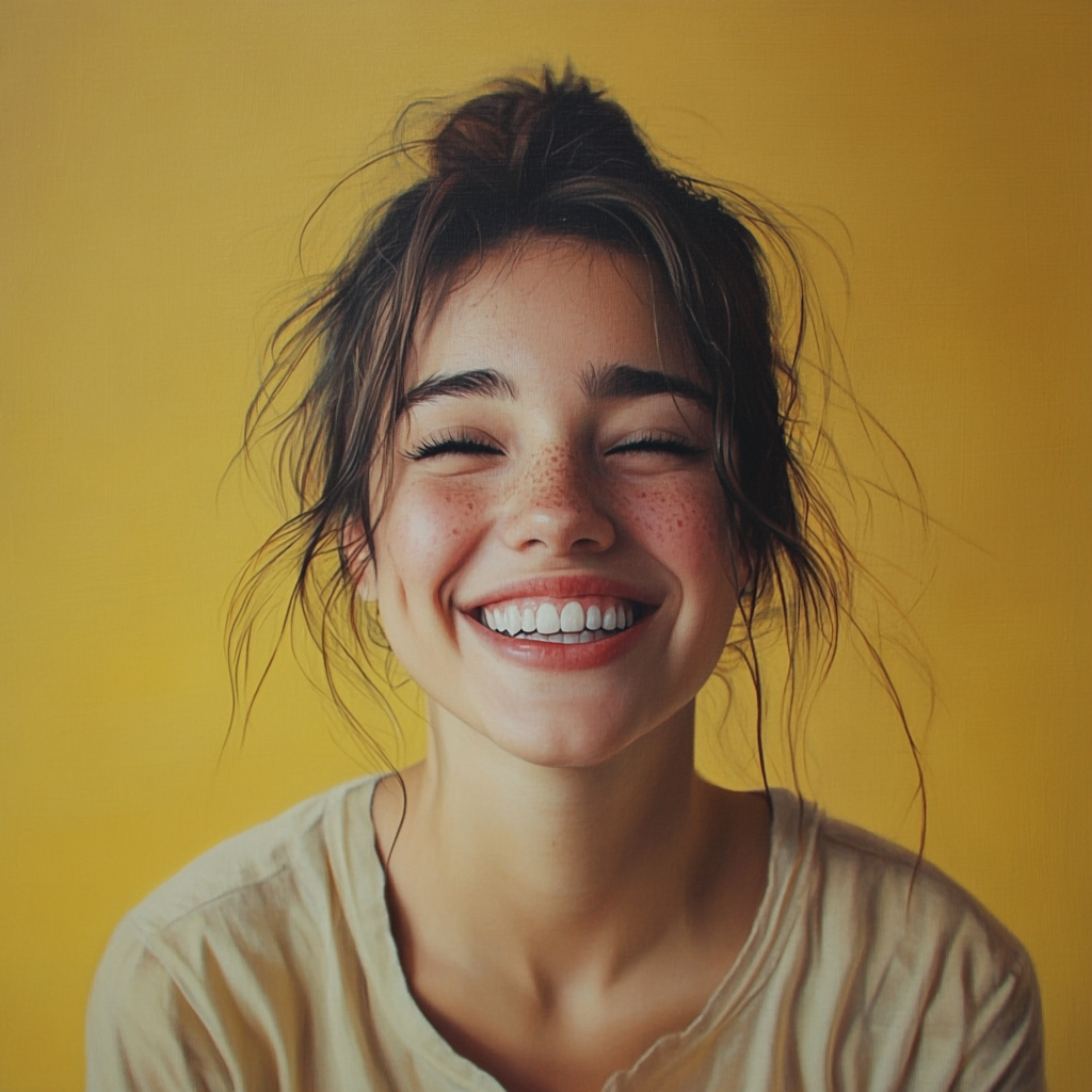 Retrato de una joven sonriente con pecas, cabello despeinado y fondo amarillo, transmitiendo felicidad y energía positiva